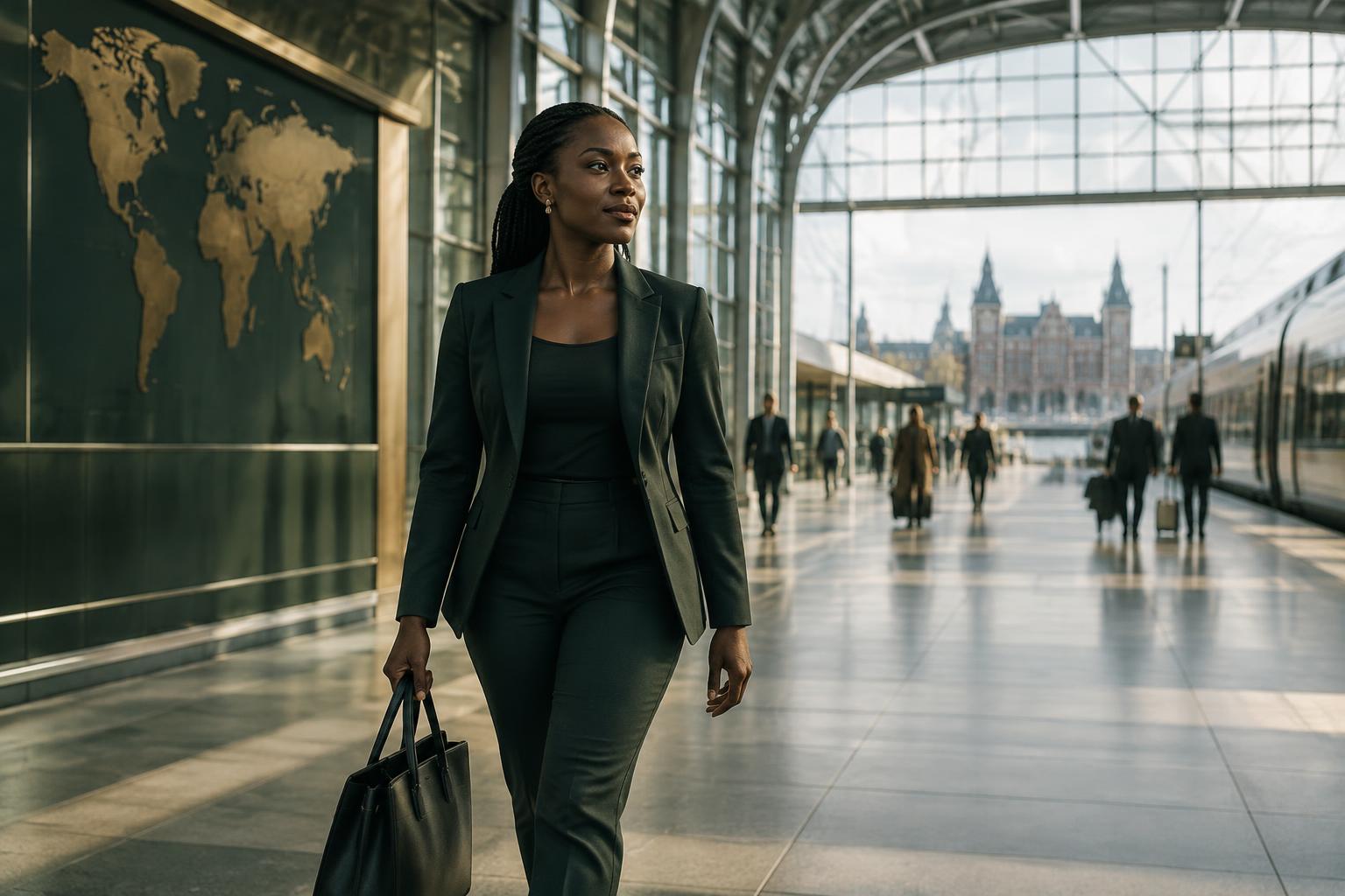 East African business professional moving through a European transport hub